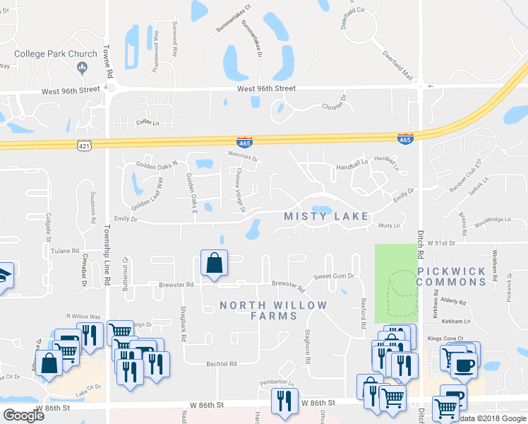map of restaurants, bars, coffee shops, grocery stores, and more near 1846 Emily Drive in Indianapolis