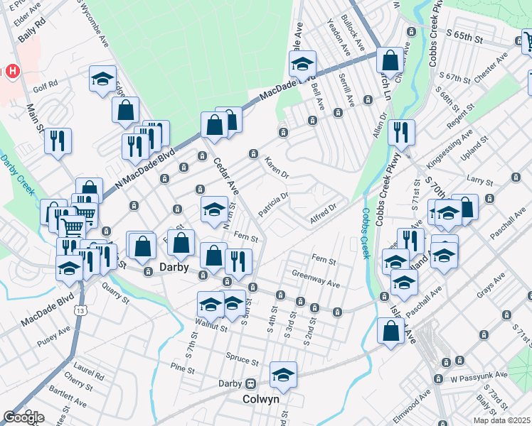 map of restaurants, bars, coffee shops, grocery stores, and more near 1604 Patricia Drive in Yeadon