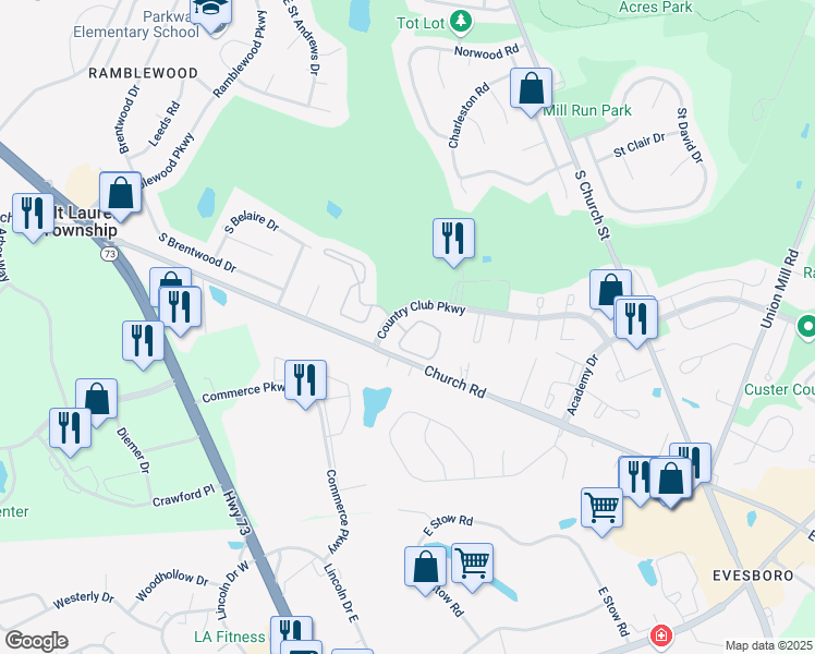 map of restaurants, bars, coffee shops, grocery stores, and more near 903 Cypress Point Circle in Mount Laurel Township