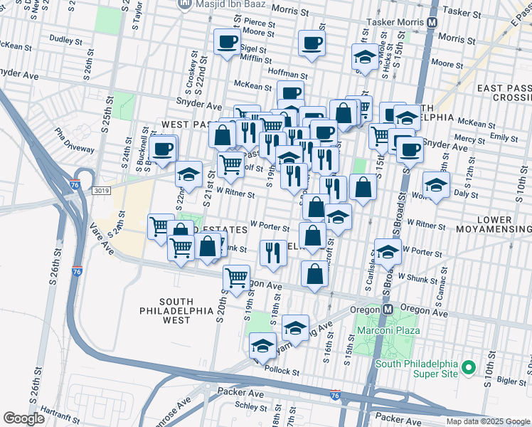 map of restaurants, bars, coffee shops, grocery stores, and more near 1855 Roseberry Street in Philadelphia