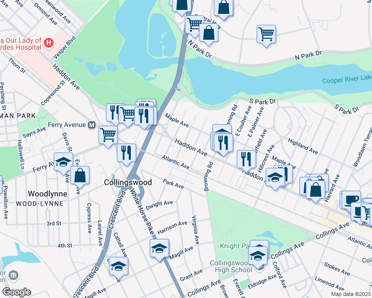 map of restaurants, bars, coffee shops, grocery stores, and more near 210 Haddon Avenue in Collingswood