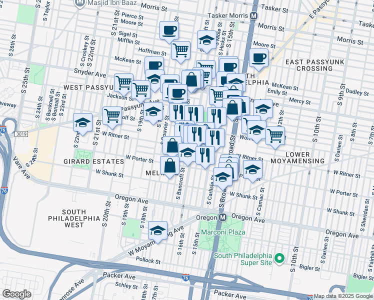 map of restaurants, bars, coffee shops, grocery stores, and more near 1612 West Ritner Street in Philadelphia