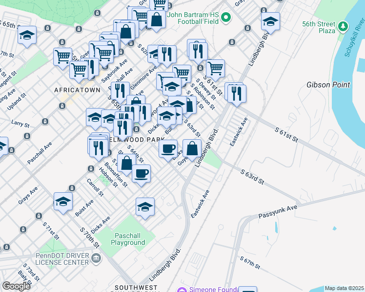map of restaurants, bars, coffee shops, grocery stores, and more near 6339 Dicks Avenue in Philadelphia