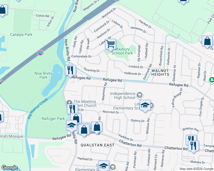map of restaurants, bars, coffee shops, grocery stores, and more near 2752 Maywood Road in Columbus
