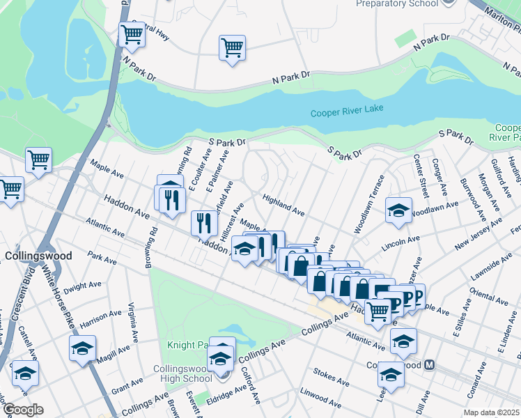 map of restaurants, bars, coffee shops, grocery stores, and more near 513 South Vineyard Boulevard in Collingswood