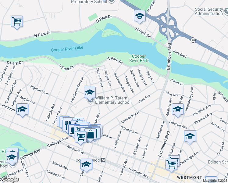 map of restaurants, bars, coffee shops, grocery stores, and more near 528 Woodlawn Avenue in Collingswood