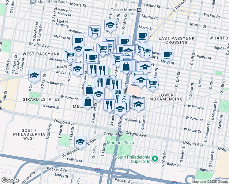 map of restaurants, bars, coffee shops, grocery stores, and more near 1439 West Ritner Street in Philadelphia