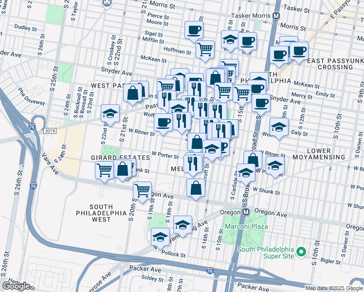 map of restaurants, bars, coffee shops, grocery stores, and more near 2417 South 18th Street in Philadelphia