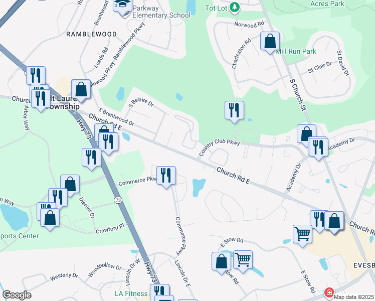 map of restaurants, bars, coffee shops, grocery stores, and more near 1804 Augusta Circle in Mount Laurel Township