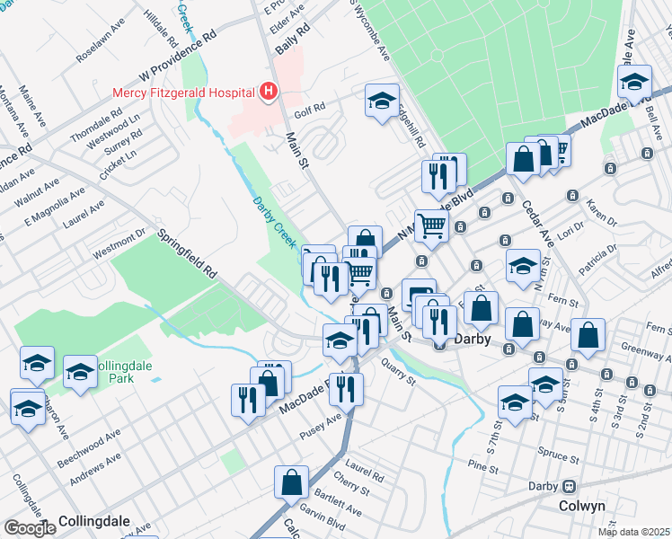 map of restaurants, bars, coffee shops, grocery stores, and more near 1112 Chestnut Street in Darby
