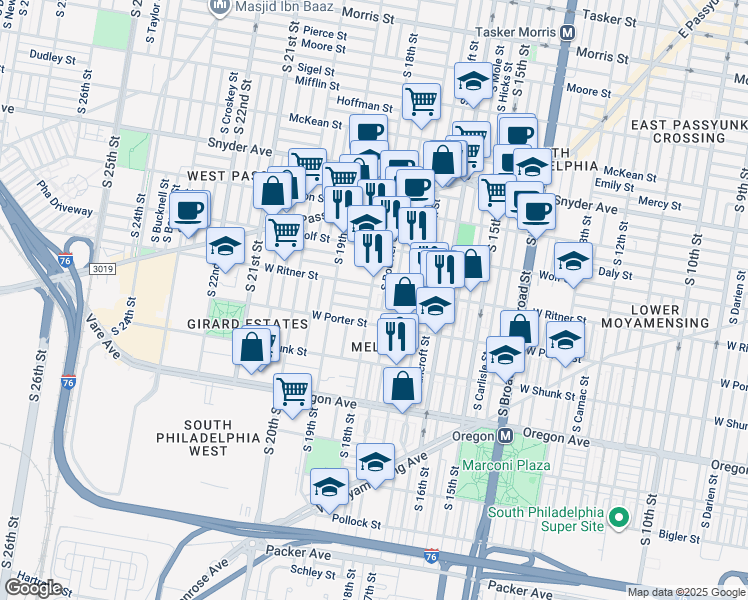 map of restaurants, bars, coffee shops, grocery stores, and more near 2417 South 18th Street in Philadelphia