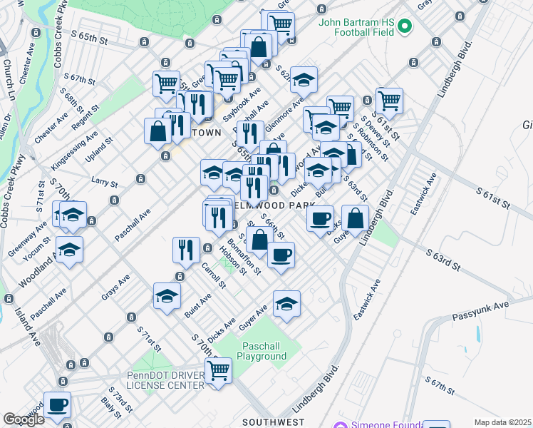 map of restaurants, bars, coffee shops, grocery stores, and more near 2523 South 66th Street in Philadelphia