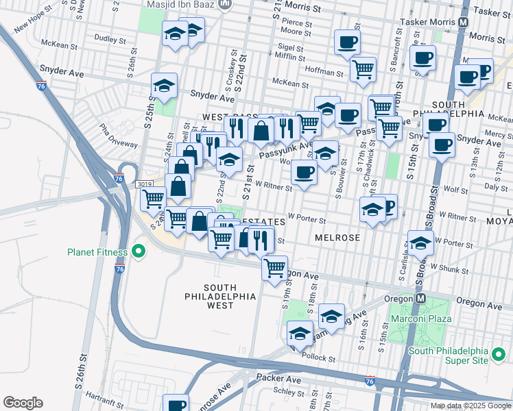 map of restaurants, bars, coffee shops, grocery stores, and more near 2448 South Lambert Street in Philadelphia