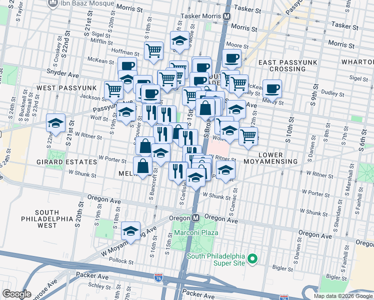 map of restaurants, bars, coffee shops, grocery stores, and more near 1507 West Ritner Street in Philadelphia