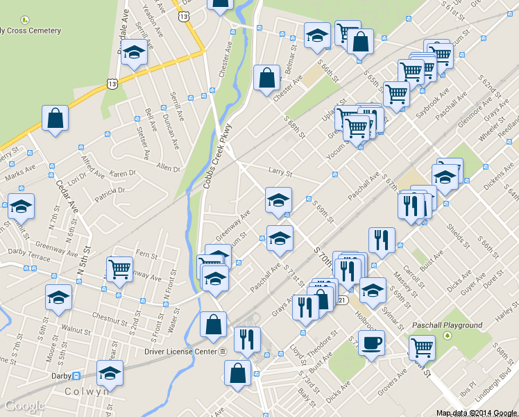 map of restaurants, bars, coffee shops, grocery stores, and more near 7018 Greenway Avenue in Philadelphia