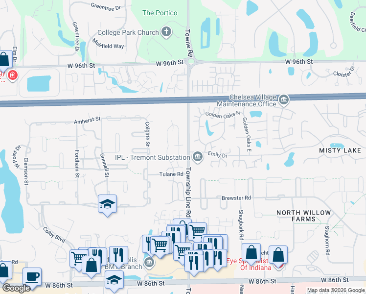map of restaurants, bars, coffee shops, grocery stores, and more near 9225 Doubloon Road in Indianapolis