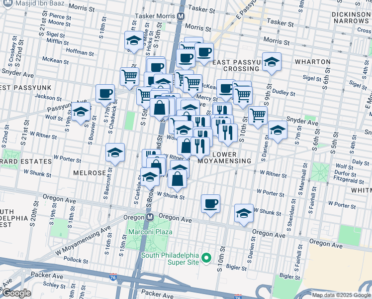 map of restaurants, bars, coffee shops, grocery stores, and more near 2319 South 13th Street in Philadelphia