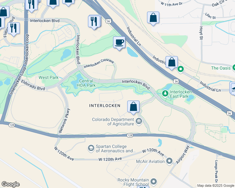 map of restaurants, bars, coffee shops, grocery stores, and more near 401 Interlocken Boulevard in Broomfield
