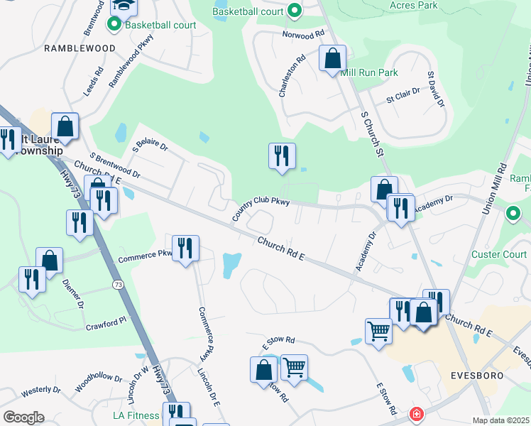 map of restaurants, bars, coffee shops, grocery stores, and more near 903 Cypress Point Circle in Mount Laurel Township
