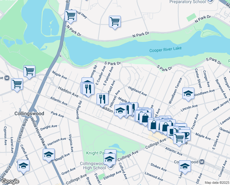 map of restaurants, bars, coffee shops, grocery stores, and more near 113 Hillcrest Avenue in Collingswood