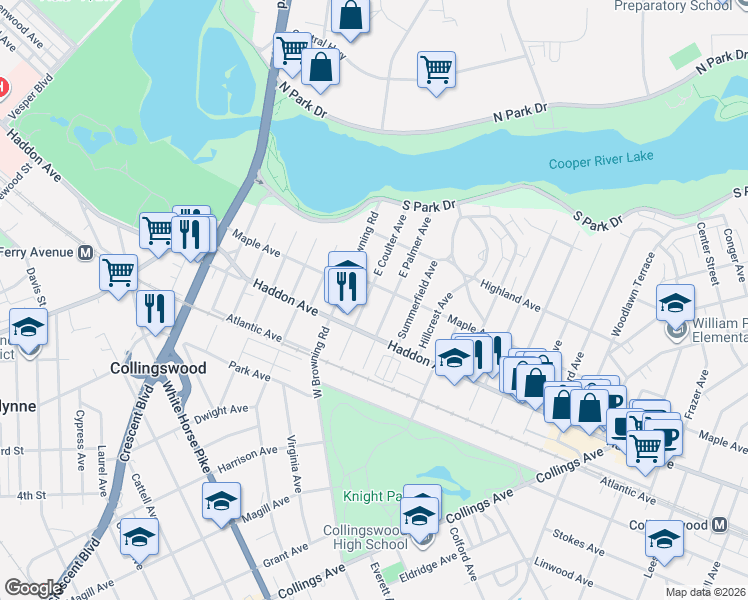 map of restaurants, bars, coffee shops, grocery stores, and more near 48 East Coulter Avenue in Collingswood