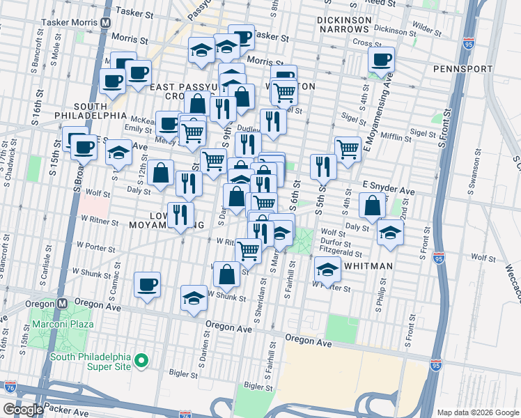 map of restaurants, bars, coffee shops, grocery stores, and more near 709 Daly Street in Philadelphia