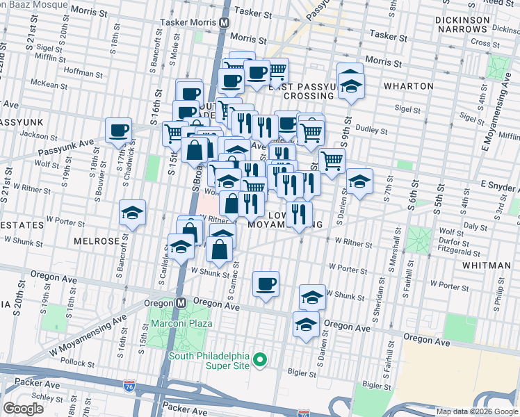 map of restaurants, bars, coffee shops, grocery stores, and more near 2313 South 12th Street in Philadelphia