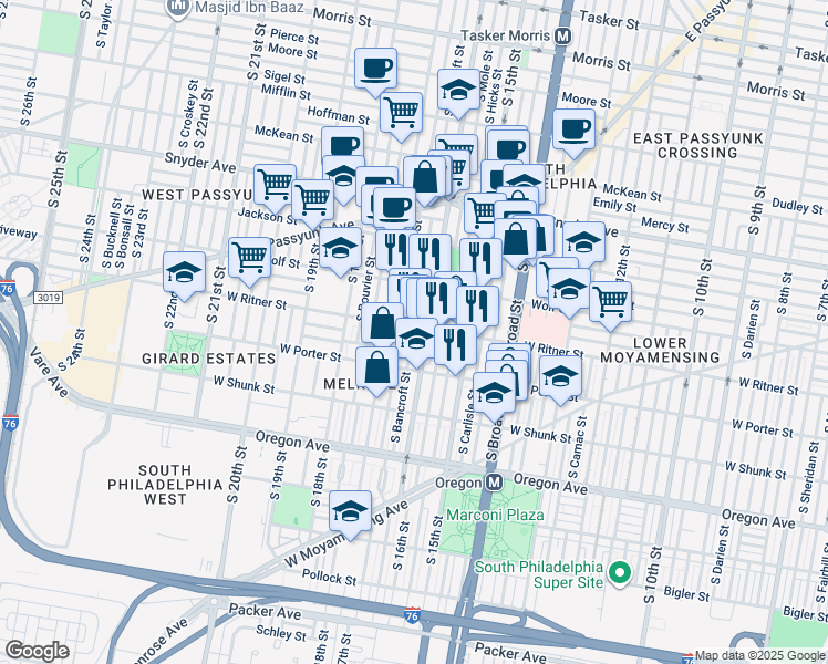 map of restaurants, bars, coffee shops, grocery stores, and more near 1602 West Ritner Street in Philadelphia