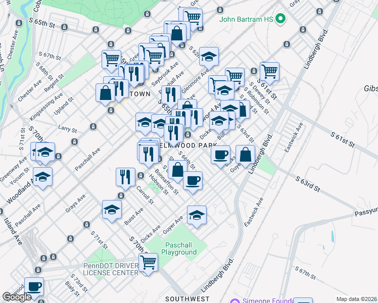 map of restaurants, bars, coffee shops, grocery stores, and more near 2519 South 66th Street in Philadelphia