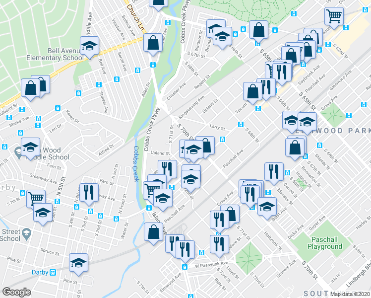 map of restaurants, bars, coffee shops, grocery stores, and more near 7018 Greenway Avenue in Philadelphia