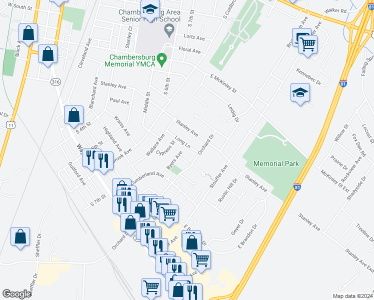 map of restaurants, bars, coffee shops, grocery stores, and more near 911 Byers Avenue in Chambersburg