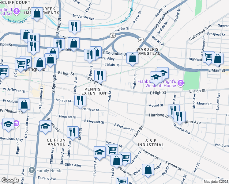 map of restaurants, bars, coffee shops, grocery stores, and more near 709 East High Street in Springfield