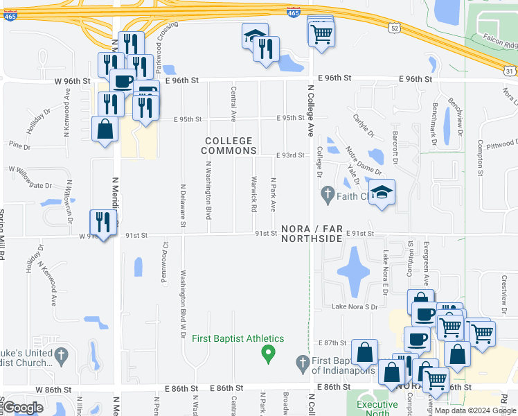 map of restaurants, bars, coffee shops, grocery stores, and more near 9146 Warwick Road in Indianapolis