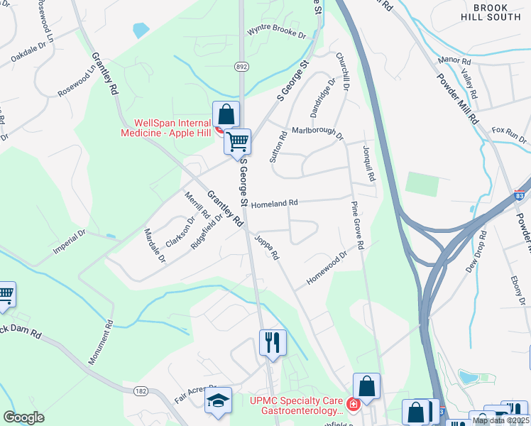 map of restaurants, bars, coffee shops, grocery stores, and more near 38 Homeland Road in York