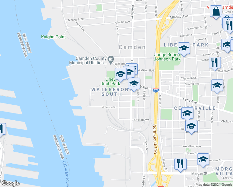 map of restaurants, bars, coffee shops, grocery stores, and more near 1877 South 4th Street in Camden