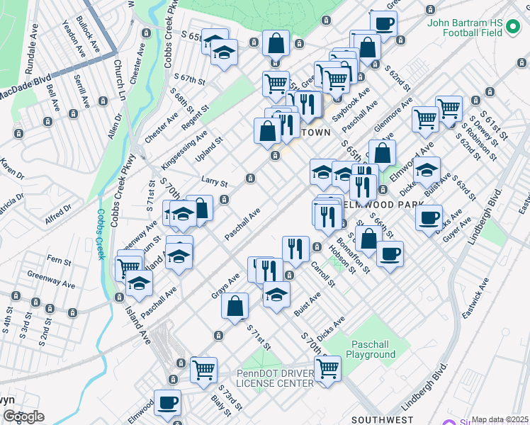 map of restaurants, bars, coffee shops, grocery stores, and more near 6816 Paschall Avenue in Philadelphia