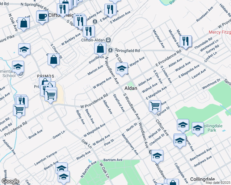 map of restaurants, bars, coffee shops, grocery stores, and more near 120 West Providence Road in Aldan