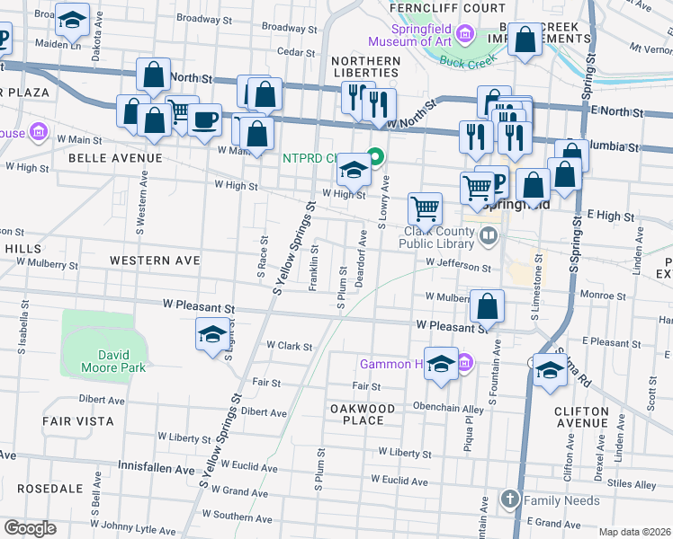 map of restaurants, bars, coffee shops, grocery stores, and more near 311 South Plum Street in Springfield
