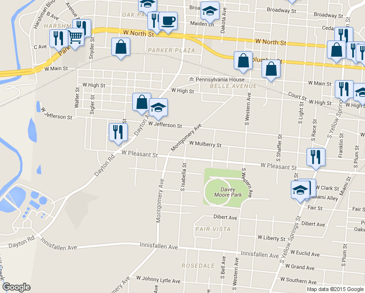 map of restaurants, bars, coffee shops, grocery stores, and more near 1355 West Mulberry Street in Springfield