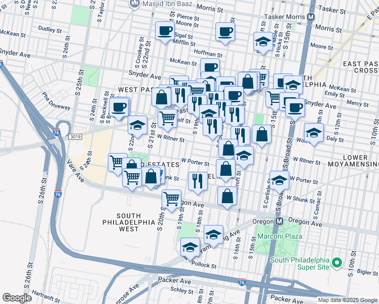 map of restaurants, bars, coffee shops, grocery stores, and more near 2428 South 19th Street in Philadelphia