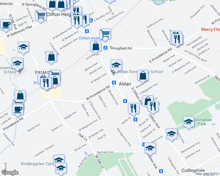 map of restaurants, bars, coffee shops, grocery stores, and more near 120 West Providence Road in Aldan