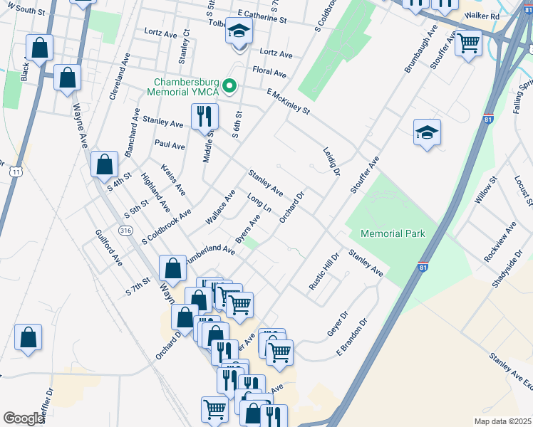 map of restaurants, bars, coffee shops, grocery stores, and more near 836 Long Lane in Chambersburg
