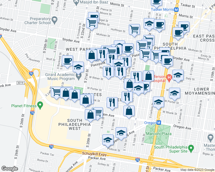 map of restaurants, bars, coffee shops, grocery stores, and more near 2428 South 19th Street in Philadelphia
