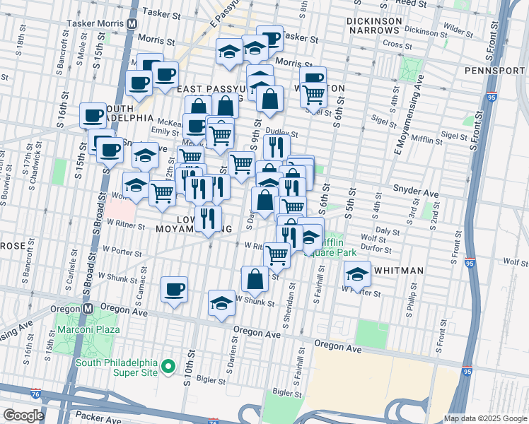 map of restaurants, bars, coffee shops, grocery stores, and more near 2230 South 8th Street in Philadelphia
