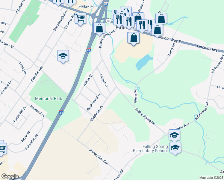 map of restaurants, bars, coffee shops, grocery stores, and more near 515 Shadyside Drive in Chambersburg