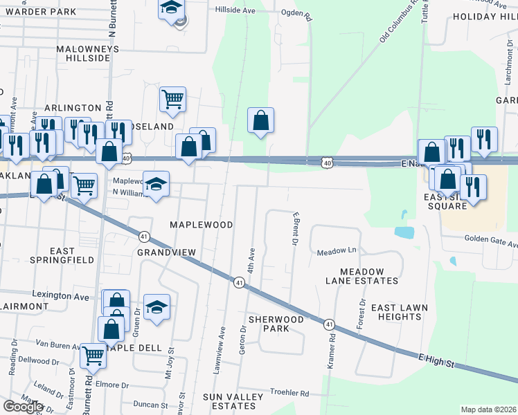 map of restaurants, bars, coffee shops, grocery stores, and more near 124 4th Avenue in Springfield