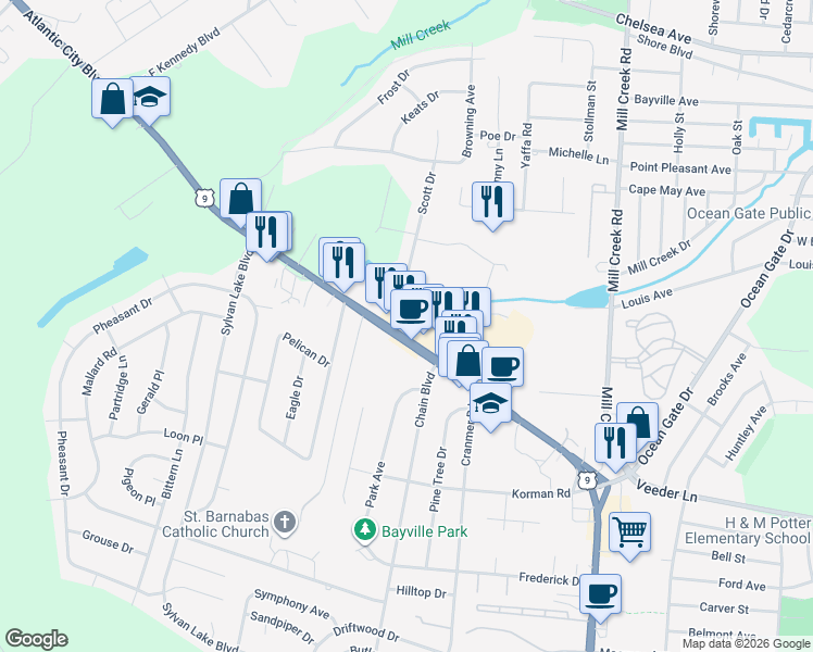 map of restaurants, bars, coffee shops, grocery stores, and more near 305 Atlantic City Boulevard in Berkeley Township