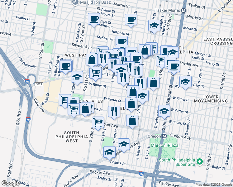 map of restaurants, bars, coffee shops, grocery stores, and more near 1826 Gladstone Street in Philadelphia