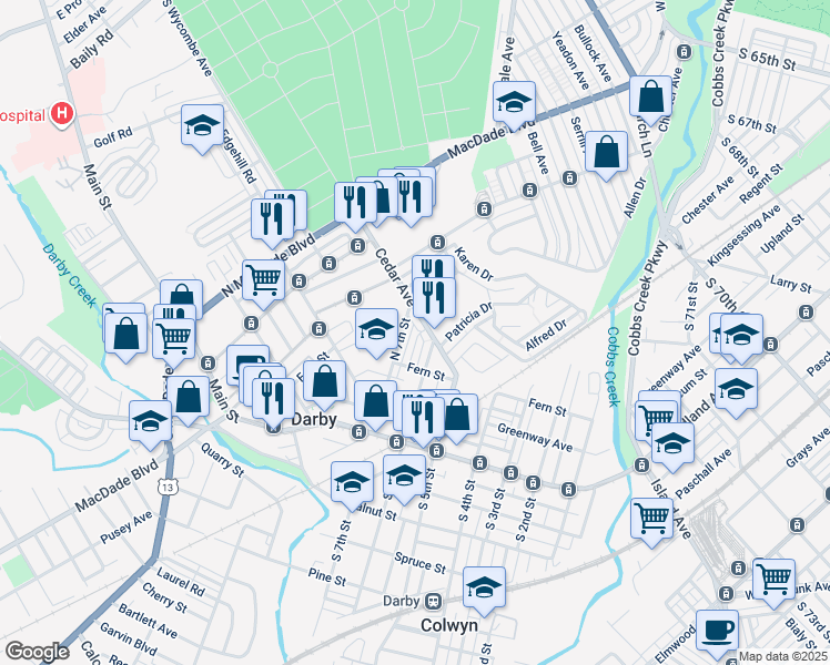 map of restaurants, bars, coffee shops, grocery stores, and more near 242 Wright Avenue in Darby