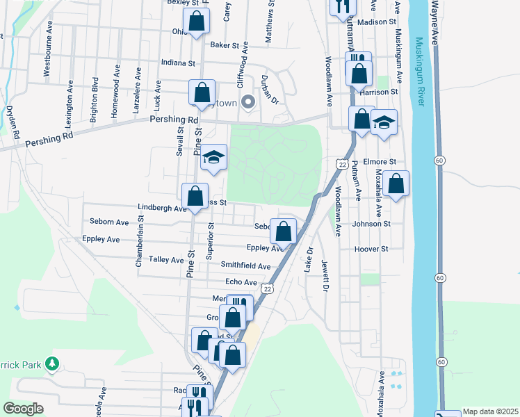 map of restaurants, bars, coffee shops, grocery stores, and more near 1108 Melick Avenue in Zanesville